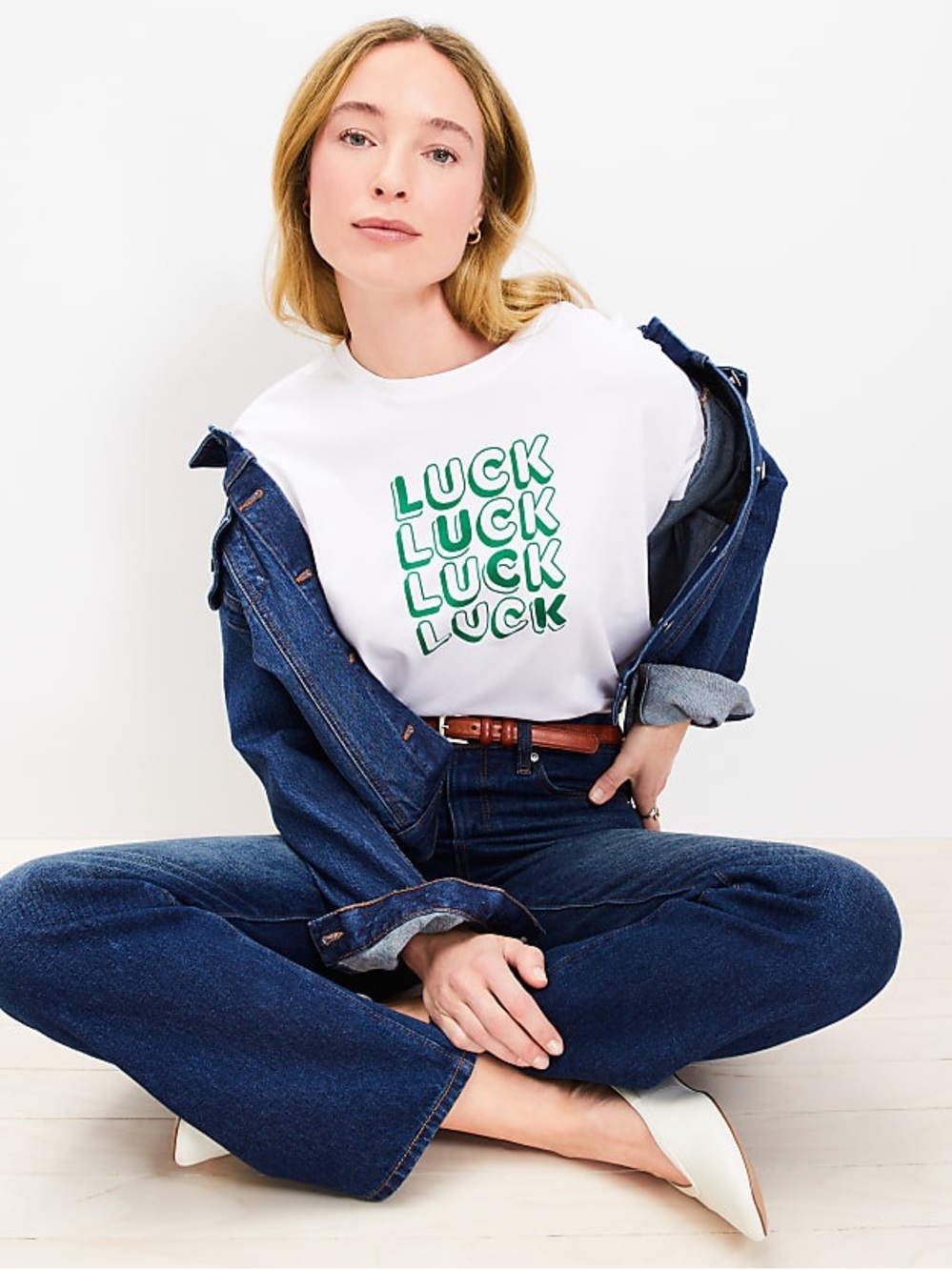 LOFT Luck Modern White Tee with Green 'LUCK' Stacked Graphic